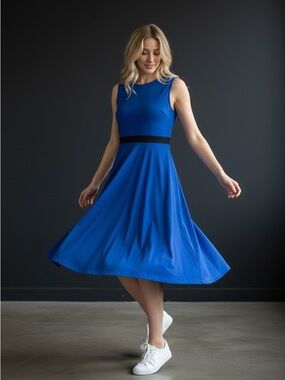 New York & Company Royal Blue Sleeveless Fit-and-Flare Dress with Contrast Waist